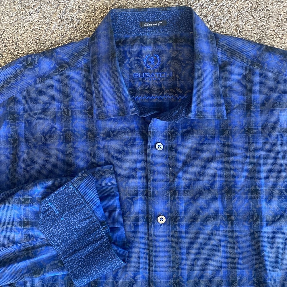 Bugatchi Uomo Blue Plaid Paisley Design Men’s Long Sleeve Button Down, 50” Chest